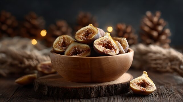 Savoring dried figs wooden bowl food photography rustic table close-up shot culinary delight