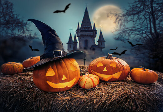 halloween k&uuml;rbis mit Hexenhut vor einer Burg mit Vollmond - Brauchtum