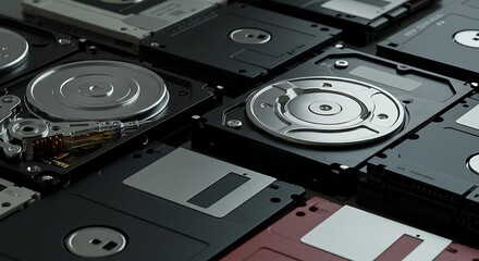 Vintage computer hardware collection of floppy disks and hard drives close up