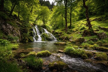A serene waterfall cascading down mossy rocks in a lush green forest.