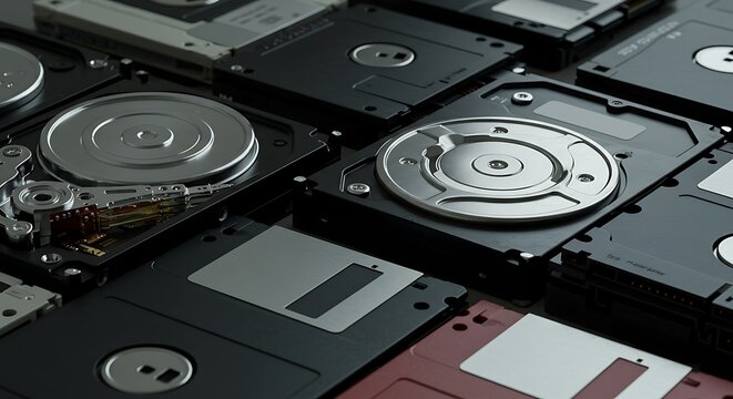 Vintage computer hardware collection of floppy disks and hard drives close up