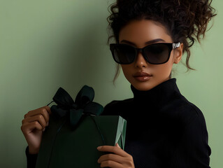 Stylish Woman Holding a Dark Green Gift