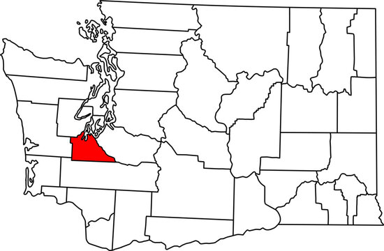 Detailed vector map of Washington, USA, highlighting Thurston County, home to the state capital, Olympia.

