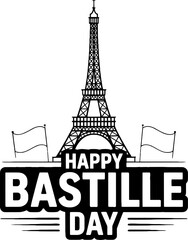 Obraz premium Eiffel Tower with flags and Happy Bastille Day text in black and white Paris France