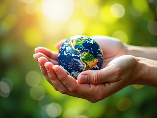 Environmental conservation and sustainability concept with caring hands holding planet Earth on a green nature background.