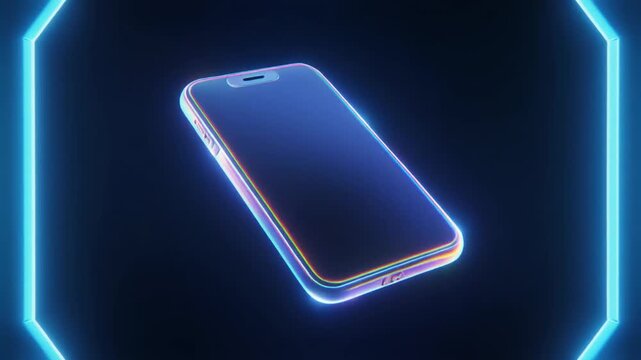 Ultra realistic 3D animation of a glowing holographic smartphone spinning smoothly on a seamless neon blue background with futuristic lighting digital precision and tech inspired design perfect for te