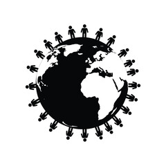 Obraz premium People Holding Hands Around the World Symbolizing Unity and Global Community A Black and White Graphic Illustration of International Collaboration for a Sustainable Future