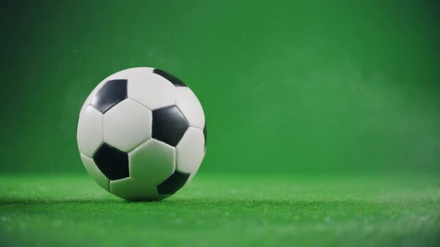4K slow motion video of a soccer ball being kicked with flying dust particles on a seamless bright green background with dynamic action crisp clarity and realistic motion ideal for sports campaigns yo