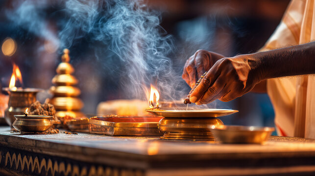 Sacred Smoke and Burning Diyas during Ayyappa Puja Festival Ritual with Hindu Prayer Offering and Spiritual Worship Tradition