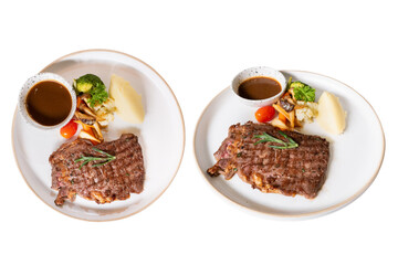 Grilled Steak Plates: A delectable duo of meticulously plated grilled steaks, paired with fresh vegetables and savory sauces, creating a tantalizing visual feast
