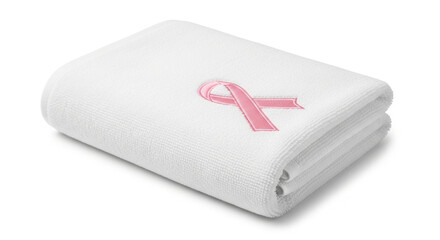 Soft white folded towel with a pink ribbon symbol of breast cancer awareness embroidered on it isolated on white background