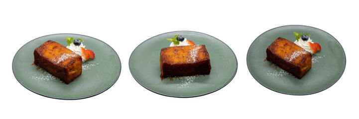 Gourmet Dessert Trio: A meticulously arranged assortment of a tantalizing dessert slice, presented...