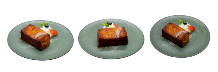 Gourmet Dessert Trio: A meticulously arranged assortment of a tantalizing dessert slice, presented artfully on individual plates.