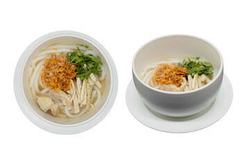 Savory Noodle Delight: An overhead perspective of two elegant bowls showcasing a steaming plate of noodles, the bowl filled with tender chicken and fragrant herbs. capturing culinary artistry.