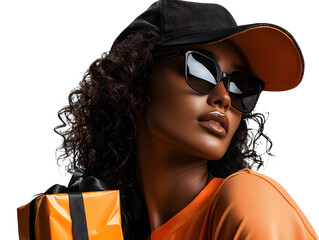 Stylish Woman In Orange Outfit With Black Cap And Sunglasses