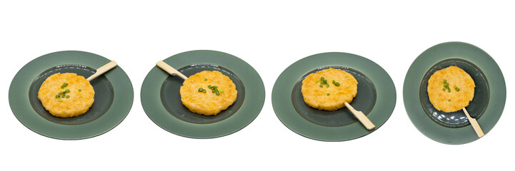 Crab Cake Quartet: A delightful ensemble of golden brown crab cake, each elegantly skewered and plated on a stylish gray plate.