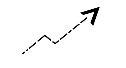 Black arrow isolated on white background, arrow png. A dashed line forming an upward trending arrow, indicating growth or increase, on a white background.