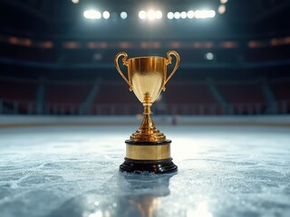 Golden ice hockey trophy placed on frozen rink with spotlight reflection