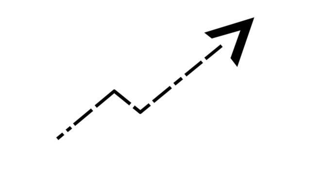 Black arrow isolated on white background, arrow png. A dashed line forming an upward trending arrow, indicating growth or increase, on a white background.