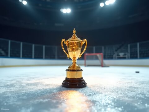 Golden ice hockey trophy standing on frozen rink under spotlight
