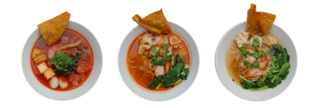 Trio of Culinary Delights: Three artfully presented bowls of flavorful noodles, brimming with vibrant ingredients, showcasing the culinary artistry of an expert chef.