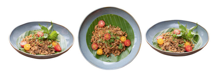 Culinary Trio: Exquisite plating of a vibrant dish, artfully arranged on a stylish platter, showcasing the intricate details and freshness of the cuisine.
