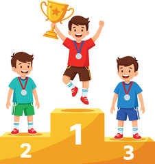 Happy cartoon boys on winner podium with medals, first place trophy, competition victory, sports award ceremony, successful kids illustration vector