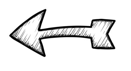 Black arrow isolated on white background, arrow png. Hand-drawn arrow pointing left, with a sketchy, textured style, isolated on a white background.