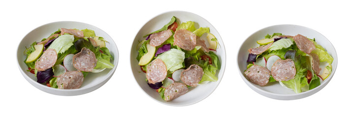 Freshly Plated Salad Trio: A trio of vibrant, appetizing salads artfully arranged on round plates,...