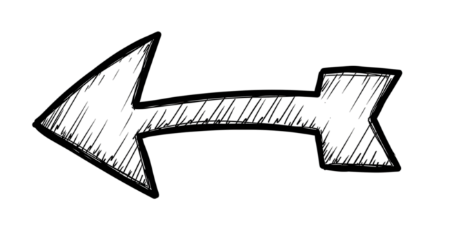 Black arrow isolated on white background, arrow png. Hand-drawn arrow pointing left, with a sketchy, textured style, isolated on a white background.