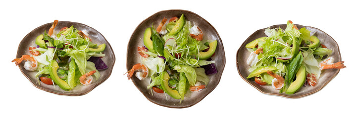 Salad Trio: Fresh and vibrant trio of appetizing salads. Showcasing crisp lettuce, creamy avocado slices, and succulent shrimp, each dish offers a delightful combination of flavors and textures.