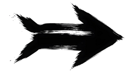 Black arrow isolated on white background, arrow png. A black, brush-stroke style arrow pointing to the right, isolated on a white background.