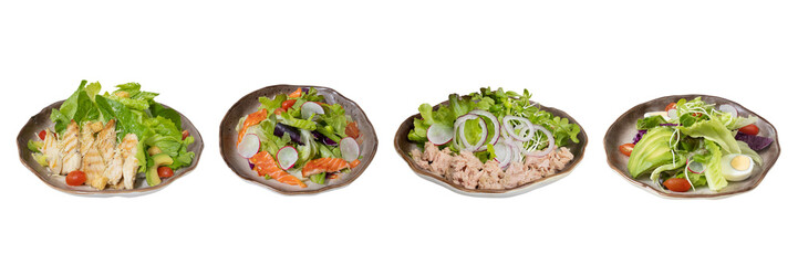 Gourmet Salad Collection: An enticing quartet of gourmet salads, featuring a medley of fresh vegetables and culinary delights, offers a visual feast of flavors and textures.