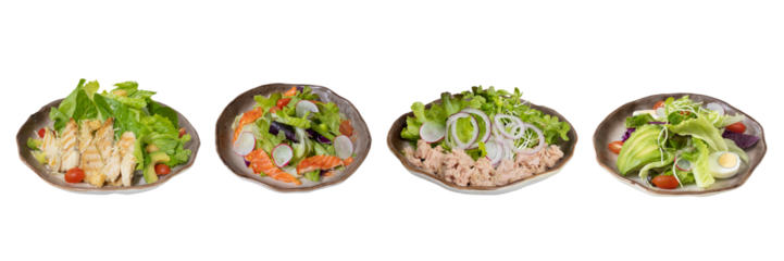 Gourmet Salad Collection: An enticing quartet of gourmet salads, featuring a medley of fresh vegetables and culinary delights, offers a visual feast of flavors and textures.