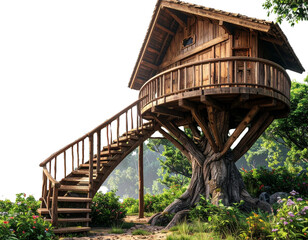 charming rustic treehouse with a slanted roof, wooden staircase leading 
