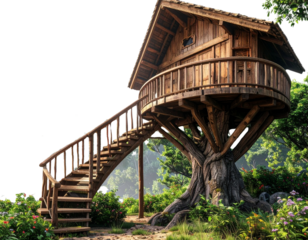 charming rustic treehouse with a slanted roof, wooden staircase leading 