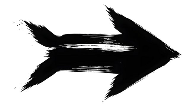 Black arrow isolated on white background, arrow png. A black, brush-stroke style arrow pointing to the right, isolated on a white background.