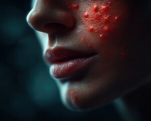 Close up of female lips and cheek with inflamed acne pustules showing facial skin condition under soft dramatic lighting