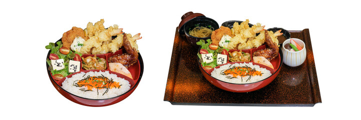 Japanese Cuisine Feast: An exquisite display of traditional Japanese cuisine features artfully...