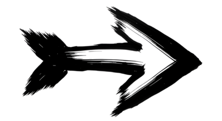 Black arrow isolated on white background, arrow png. A black, brushstroke-style arrow pointing to the right, against a white background.