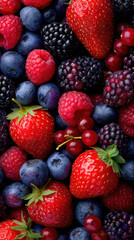 Obraz premium colorful and detailed assortment of strawberries, blueberries, raspberries, blackberries, and red currants fills the frame, showcasing freshness and natural sweetness