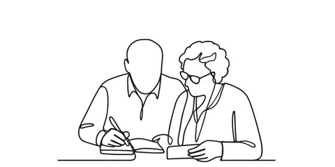 Minimalist one-line drawing of a lovely elderly couple embracing and smiling in a kitchen, depicting love, warmth, companionship, and everyday happiness in a cozy home setting.