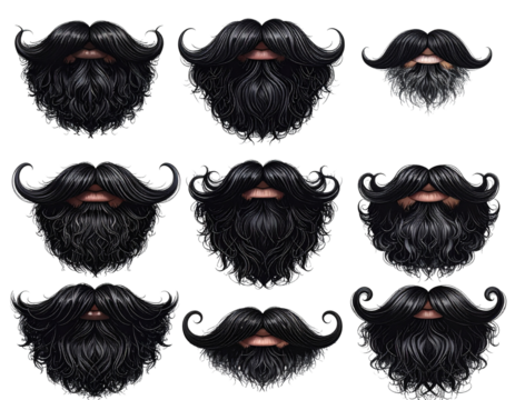 Curly Black Beard and Mustache Collection – Stylish Facial Hair Elements