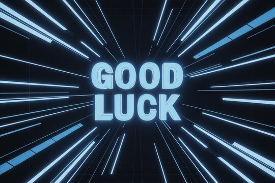 Dynamic neon "GOOD LUCK" glowing brightly in a futuristic, dark sci fi tunnel with shimmering blue lights and reflective floor creating an electrifying atmosphere for success and achievement.