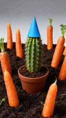 Unique arrangement featuring a cactus wearing a blue cone hat surrounded by vibrant orange carrots in rich soil, creating a whimsical and playful garden scene with a touch of humor