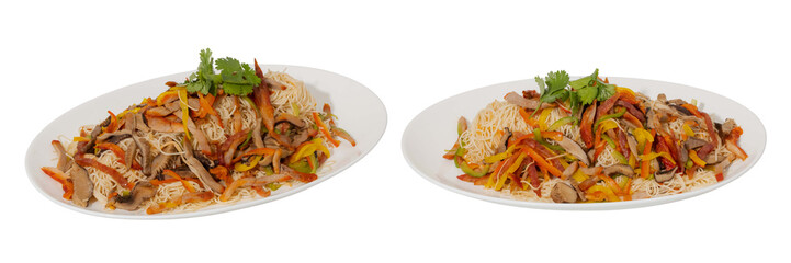 Delicious Asian Fusion: A culinary exploration featuring two plates of exquisitely crafted Asian fusion cuisine, tantalizing the senses with its vibrant colors and aromatic presentation.