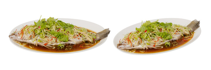 Delicious Steamed Fish Dish: A visually appealing and appetizing display of delicately steamed fish served on elegant white plates, garnished with fresh herbs, and a savory sauce.