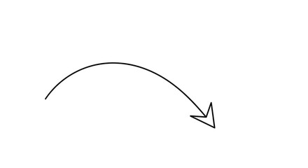 Black arrow isolated on white background, arrow png. A simple, curved arrow pointing to the right, indicating direction and movement.
