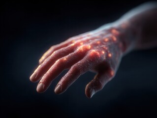 Close up of human hand with glowing inflamed spots and cracked skin texture representing severe skin irritation or infection