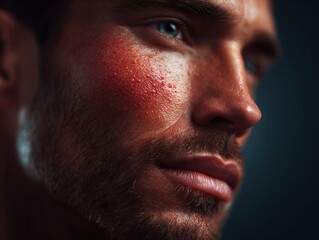 Obraz premium Close up of male face with red pimples and irritated skin across cheek area illustrating acne or dermatological inflammation